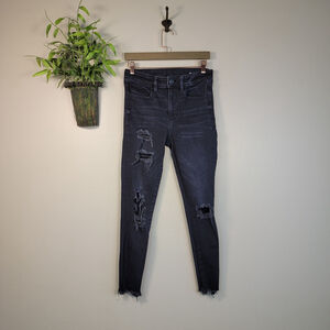 American Eagle Jeans Hi Rise Jegging Skinny Black Distressed Frayed Chewed AE 6